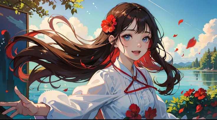 photoRealstic、Doll standing in front of the painting、swim wears、laugh face、Water droplets on the cheeks、kawaii pose、spreading arms widely、Flowing Red Silk、bustup、Eye Up、Hibiscus petals、Blurring、brown haired、blue-sky、depth of fields、season!!: 夏☀ 🍂 ハイビスカス