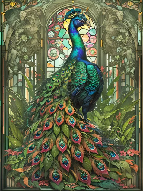 Colorful peacock in park, stained glass, art nouveau, intricate artwork, ominous, epic, highly detailed, vibrant