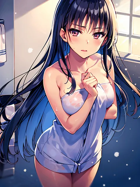 uma mulher adulta, in your room Coming out of the towel bath Wet hair as with blue walls Large window snowing at night Abazu standing on yellow light Long black hair (CG:1.4 extremamente detalhado), faces altamente detalhadas, 4k