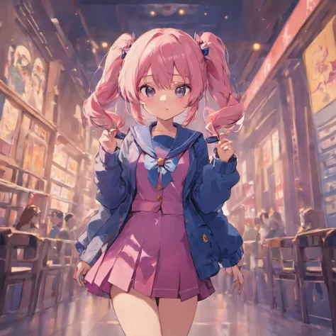 Very cute (Beautiful Chibi Anime Girl), Solo, Simple background, Beautiful twin tails 、 Pretty girl、Cute Chibi、 Dark blue blazer, Pink skirt、High School Uniform, Full body , Highly detailed face and eyes, the contours are clear