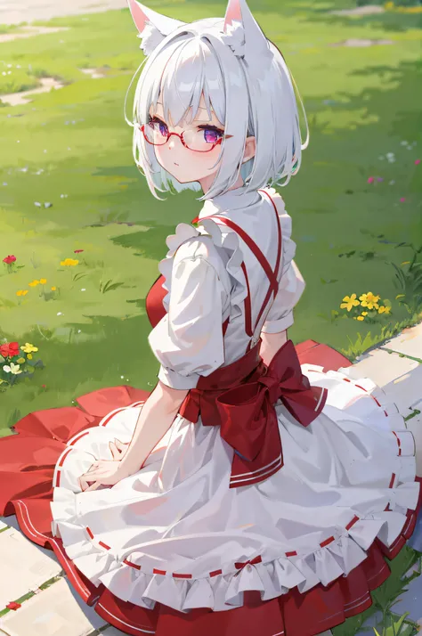 1girl, short white hair, red eyes, maid outfit, grass plains, glasses, high res, ultrasharp, 8K, masterpiece, nekomimi