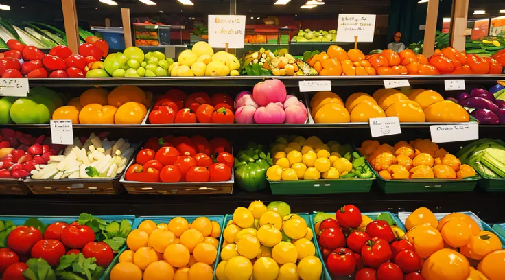 ((Masterpiece)), ((Best Quality)), A colorful array of fruits and vegetables arranged in a market display, promoting healthy eating and wellness.