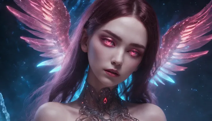 Cosmic Fallen Angel, glowing light eyes, Delicate and beautiful face，Bigchest，Biomechanical, eerie, Dream-like, Very bright colors, Light particles, with light glowing, Mshiv, wallpaper art, UHD wallpaper