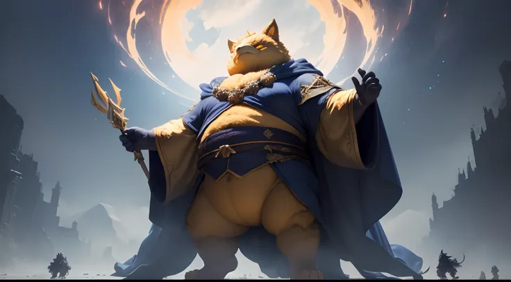 dark souls inspired 3d rendered boss fight scene, giant fat golden furred anthropomorphic kitsune with navy blue robes, glowing ...