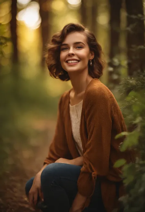 Beautiful girl, (((((small)))), Show, Protruding tongue, Short hair, brown, 8K, Professional photography, Delicate, Clear, In the forest, Sun, Light leakage, Masterpiece, (Beautiful)))), (reality)))), Smile, Fantastic, angel, Young