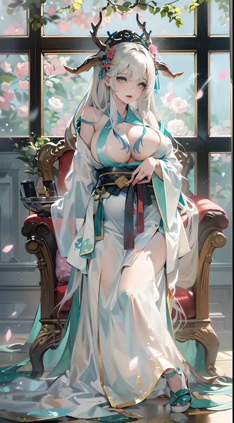 Little devil，(heart - shaped pupils)，Dragons horn，deer antlers，Stick out your tongue，Realistic effect，Female pervert，White-haired girl，Messy hair，Ancient wind，cyan colors，cyan colors，Cyan Hanfu(Delicate and mysterious antique patterns)，high-heels，The expre...