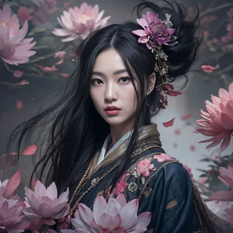 32K（tmasterpiece，k hd，hyper HD，32K）Long flowing black hair，ponds，zydink， a color， Aozhou people （Concubine girl）， （Purple silk scarf）， Combat posture， looking at the ground， long whitr hair， Floating hair， Carp pattern headdress， Chinese long-sleeved cloth...