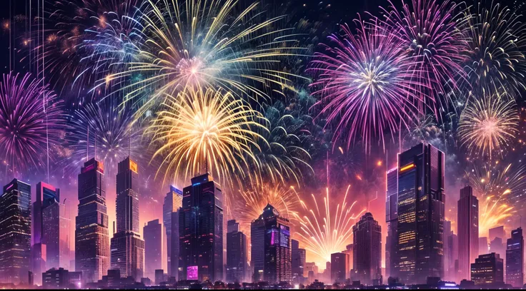 view from below, fireworks over a cyberpunk city,(bright and sparkling:1.1), gorgeous explosions, (spectacular and fascinating:1...