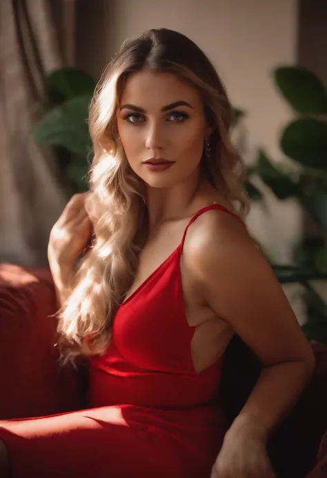 arafed woman in a red lingerie, wearing red outfit, sitting on sofa in romantic pose, transparent red dress, Looking with seductive eyes. Full body portrait image. Wearing Red transparent lingerie, NSFE Pose, blue eyes, portrait sophie mudd, blonde hair an...