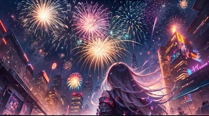 view from below, fireworks over a cyberpunk city,(bright and sparkling:1.1), gorgeous explosions, (spectacular and fascinating:1...