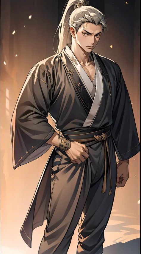 quadratic element，style of anime，mtu（Male Warrior），The proportions are correct，Face details，swordsmen，High ponytail hairstyle，Neck details，There is an Adams apple，Black Hanfu，kaftan，Embroidered robes，Black robe，clothes details，Handing over，longer sleeves，G...