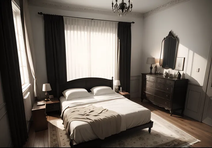 Bedroom，Dark room，The curtains are half-shaded，Black and white weird hanging painting，Cotton and linen sheets，Dark brown color，Super rich detail，uncanny，carpets，Central European century，Bedroom doors，Wooden furniture，rendering by octane