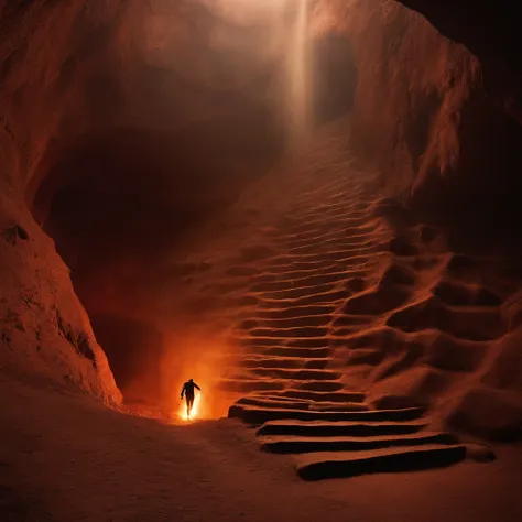 A man walks up the stairs in a cave, stairs from hell to heaven, Hellscape, Travel through hell, portal to hell, Out of the flames, portal to hell, stairway to heaven, portal to hell, Surreal hell, portal to hell, Stand in hell, iintricate、Epic composition...