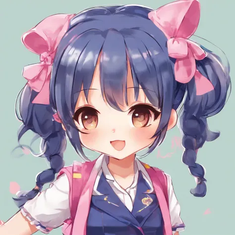 Very cute (Beautiful Chibi Anime Girl), Solo, Simple background, Beautiful twin tails 、 Pretty girl、Cute Chibi、 Dark blue blazer, Pink skirt、High School Uniform, Full body , Highly detailed face and eyes, The contours are clear smile