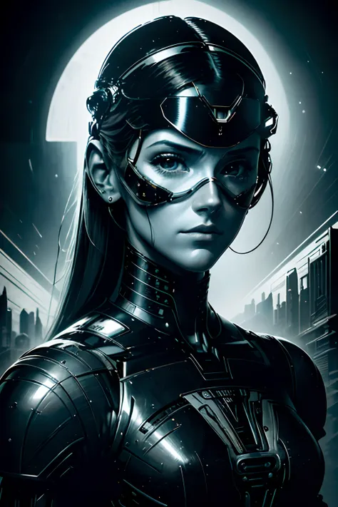 face feminina, female, a rugged young engineer with cybernetic enhancements,  intrincado, elegante, altamente detalhado, pintura...