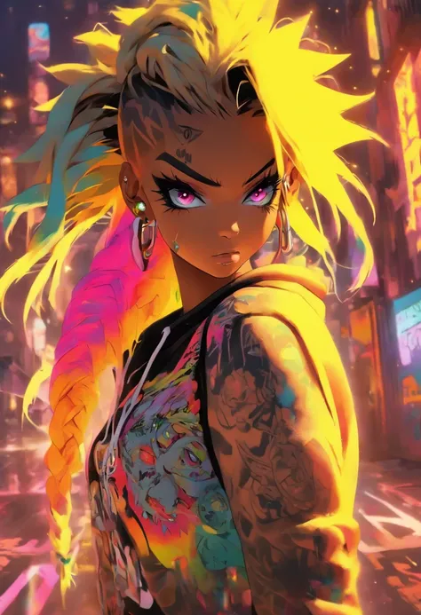 The most beautiful and sexy punk rock girl, rainbow colored hair, yellow eyes, dark skin, wearing a hoodie, graphic t-shirt and torn skinny jeans, tons of tattoos and piercings, perfect masterpiece, high quality, high resolution