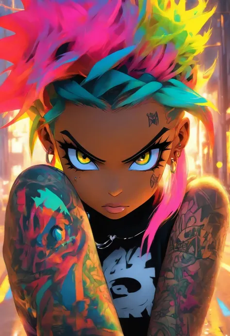 The most beautiful and sexy punk rock girl, rainbow colored hair, yellow eyes, dark skin, wearing a hoodie, graphic t-shirt and torn skinny jeans, tons of tattoos and piercings, perfect masterpiece, high quality, high resolution