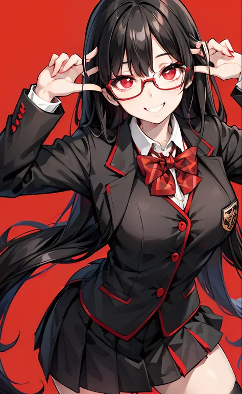 Black hair, red eyes, kizi, female, glasses, school uniform, smiling