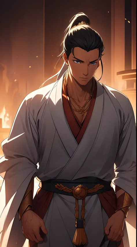 quadratic element，style of anime，mtu（Male Warrior），The proportions are correct，Face details，swordsmen，High ponytail hairstyle，Neck details，There is an Adams apple，White robe，kaftan，long white robe，clothes details，Handing over，longer sleeves，Game quality，Sw...