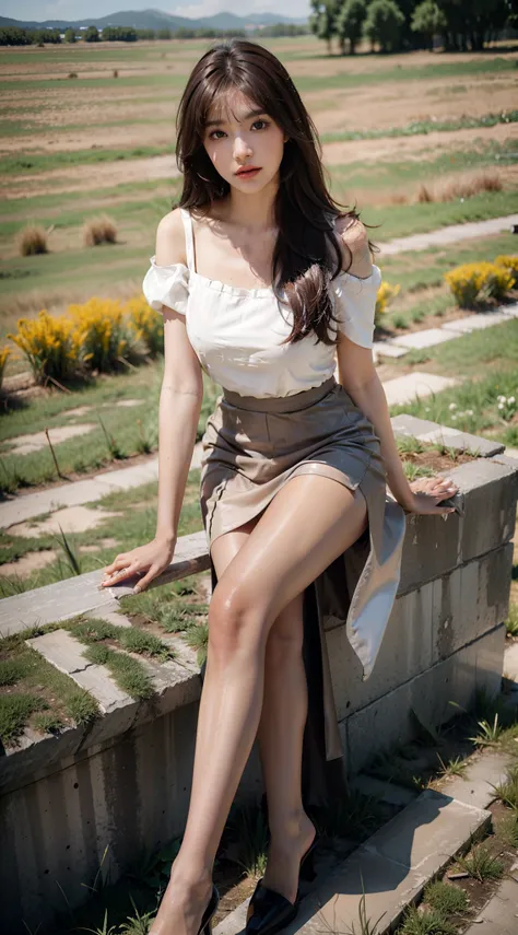 Heavy makeup，Clear flesh-colored pantyhose，8K，By bangs，waved hair，Stiletto heels，Long legs，being in the grassland，Skirt that wraps hips，short- sleeved，Manteau