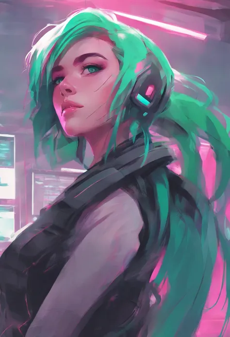 woman, Realistic character, Green hair，Pink hair, Blue eyes, anime big breast, Alone, modern, Cyberpunk