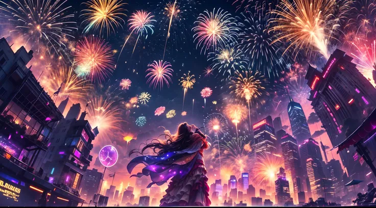 view from below, fireworks over a cyberpunk city,(bright and sparkling:1.1), gorgeous explosions, (spectacular and fascinating:1...