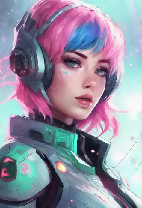 woman, Realistic character, Green hair，Pink hair, Blue eyes, anime big breast, Alone, modern, Cyberpunk