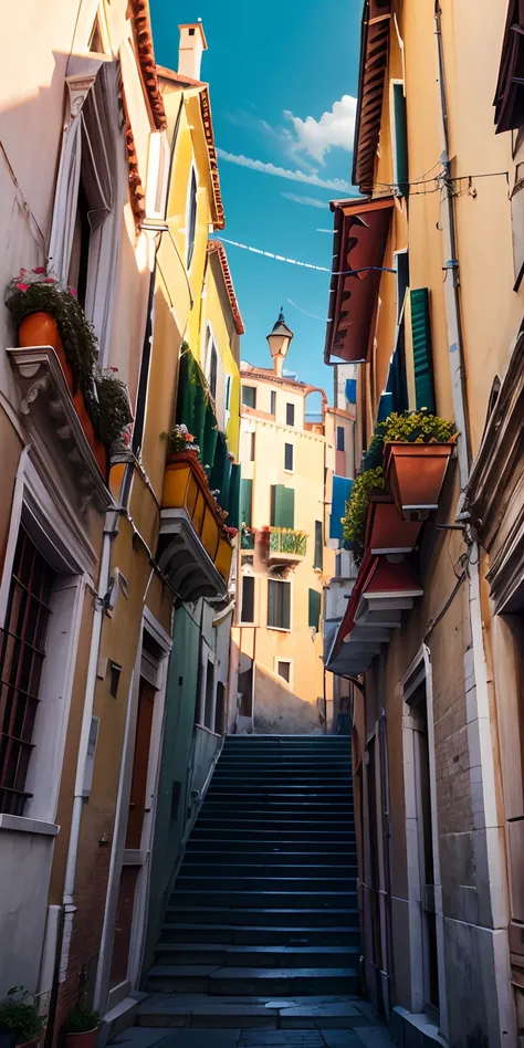 realisticlying、streets of venice, Angle Italy looking up from below、realisitic