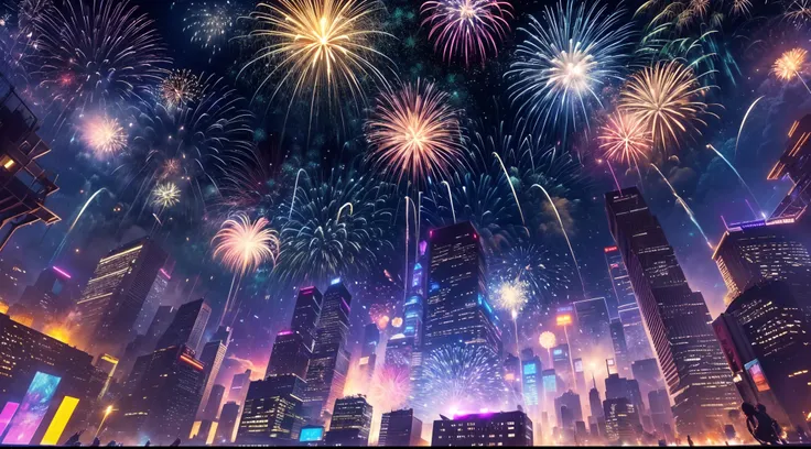 view from below, fireworks over a cyberpunk city,(bright and sparkling:1.1), gorgeous explosions, (spectacular and fascinating:1...