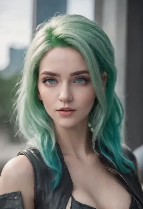 woman, Realistic character, Green hair，coiffed blonde hair, Blue eyes, anime big breast, Alone, modern, Cyberpunk