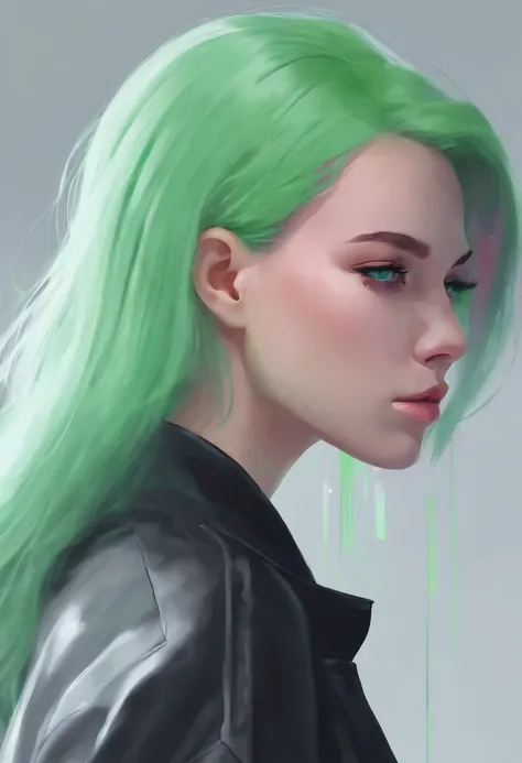 woman, Realistic character, Green hair，Pink hair, Blue eyes, anime big breast, Alone, modern, Cyberpunk