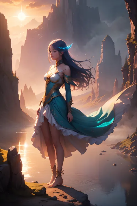 Create an enchanting image of a fantasy world where a beautiful girl stands gracefully at the edge of a mystical landscape. In the backdrop, the sun is rising, casting a warm, ethereal glow over the surreal surroundings. Imagine her as a character from a f...