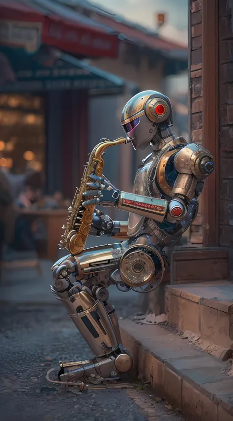 Robot jazz player, playing the Saxophone, intricate details, HDR, beautifully shot, hyperrealistic, sharp focus, trending on artstation, sharp focus, studio photo, intricate details, highly detailed, by greg rutkowski