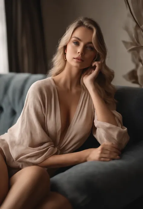 arafed woman sitting on sofa without cloths in romantic pose, showing her boobs, full body portrait image, NSFW Pose, blue eyes, portrait sophie mudd, blonde hair and large eyes, super realistic, 4k, selfie of a young woman, without makeup, natural makeup,...