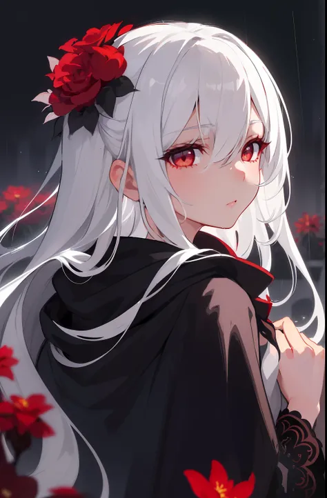 1girl,solo,1girl,solo,((beautiful detailed eyes)), (detailed light),depth of field,(white hair),silver eyes,hair over one eye,(red flower ), hair flower,long hair,black cloak,wet,emotionless,looking back,night,starfall,raining,fog,red flowers falling,sketc...