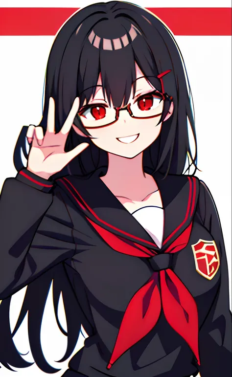 Black hair, red eyes, kizi, female, glasses, school uniform, smiling