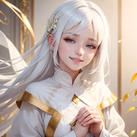 best quality, white hair, gold eyes, white clothes, looking up, upper body, hair strand, Fair skin, smiling, Close eyes tightly