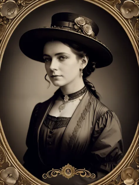 (Masterpiece) An insanely beautiful Victorian lady with rich flowering over the top hat, rich jewelry, vintage sepia photography, outdoor photography, extremely inviting look, front look,  looking at the camera, very old and torned photo