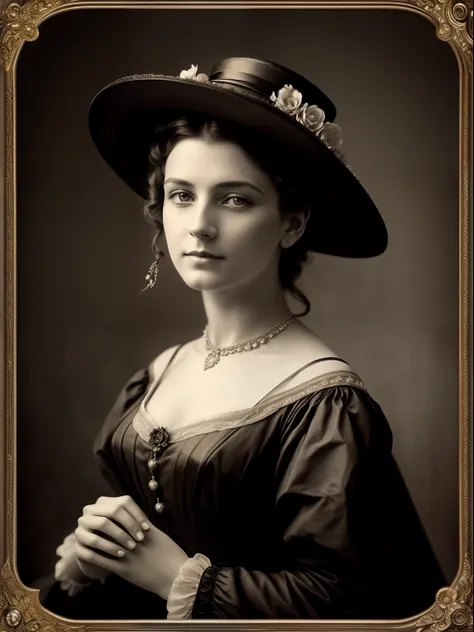 (Masterpiece) An insanely beautiful Victorian lady with rich flowering over the top hat, rich jewelry, vintage sepia photography, outdoor photography, extremely inviting look, looking at the camera, very old and torned photo