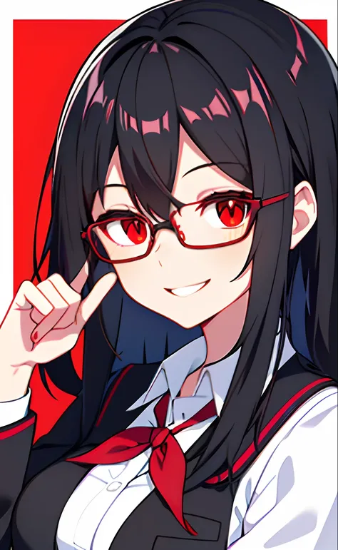 Black hair, red eyes, kizi, female, glasses, school uniform, smiling