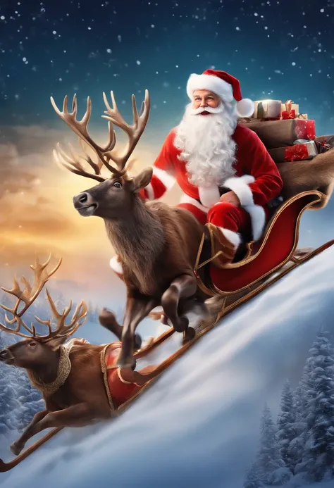 best quality, 4k, highres, ultra-detailed, realistic:1.37, vivid colors, studio lighting, bokeh, Santa Sleigh, flying silhouette Santa Sleight, Santa Claus riding in a sleigh with reindeer, isolated on white background, vector illustration