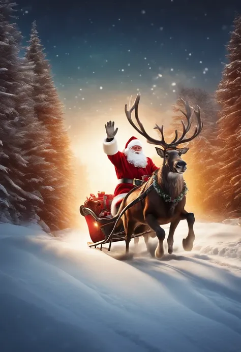 best quality, 4k, highres, ultra-detailed, realistic:1.37, vivid colors, studio lighting, bokeh, Santa Sleigh, flying silhouette Santa Sleight, Santa Claus riding in a sleigh with reindeer, isolated on white background, vector illustration