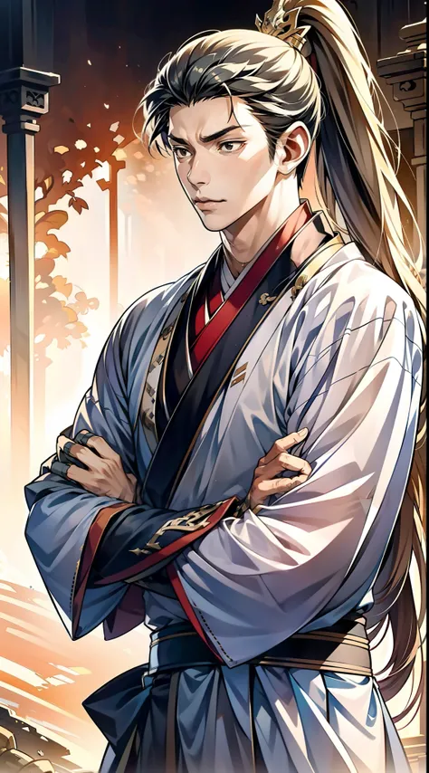 quadratic element，style of anime，mtu（Male Warrior），The proportions are correct，Face details，swordsmen，High ponytail hairstyle，Neck details，There is an Adams apple，Black Hanfu，kaftan，Embroidered robes，Black robe，clothes details，Handing over，longer sleeves，G...