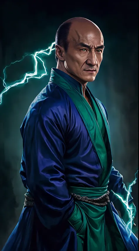 actor ((jackie chan)) as shang tsung, mortal kombat, ((old)), sinister-looking, ((bald spot)), ((goatee)), dark blue long robe, ...