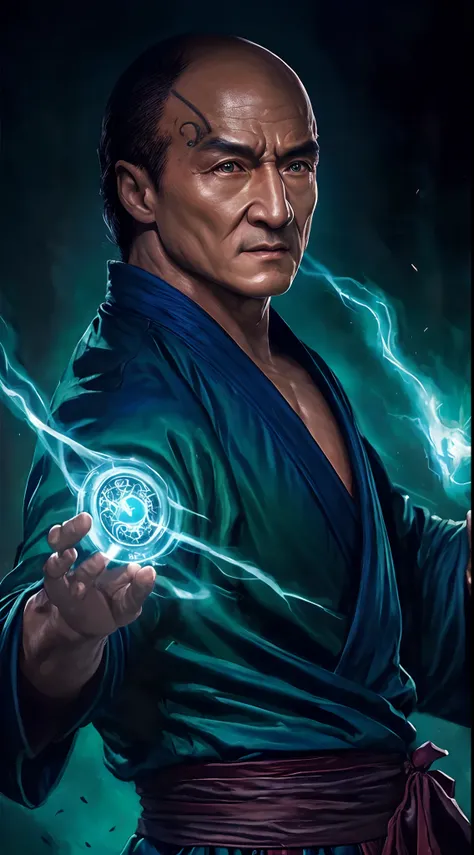 actor ((Jackie Chan)) as Shang Tsung, Mortal Kombat, ((old)), sinister-looking, ((bald spot)), ((goatee)), dark blue long robe, green transparent souls on background, intricate, high detail, sharp focus, dramatic, photorealistic painting art by greg rutkow...