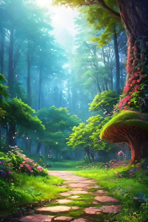 masterpiece, best quality, high quality,extremely detailed CG unity 8k wallpaper, An enchanting and dreamy scene of a fantasy forest, with towering trees, glowing mushrooms, and hidden fairy glens, creating a sense of mystique and enchantment, artstation, ...