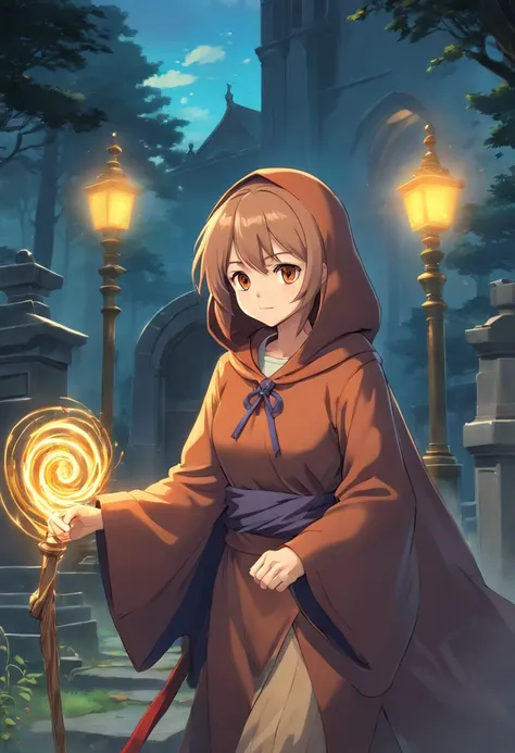 Cute hooded girl,The Grim Reaper emerges from the swirling shadows.Stand in the Cemetery of Forgotten Souls.(Female Grim Reaper Protecting a Girl from Behind:1.3,)Wielding a scythe,(Light brown and light orange striped hair:1.3,),Dark makeup,Perfect face,B...