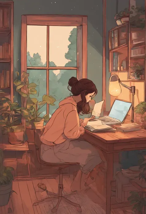 (Lofi), A girl studying on the table in her room, reading a book, wearing glass, wearing a head phone, 1970 indoor materials, night light, raining outside,analog color theme, Lo-fi hip hop , retro, flat, 2D , simple drawing, simplify line art, ink drawing,...