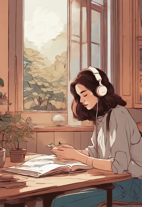 (Lofi), A girl studying on the table in her room, reading a book, wearing glass, wearing a head phone, 1970 indoor materials, night light, raining outside,analog color theme, Lo-fi hip hop , retro, flat, 2D , simple drawing, simplify line art, ink drawing,...