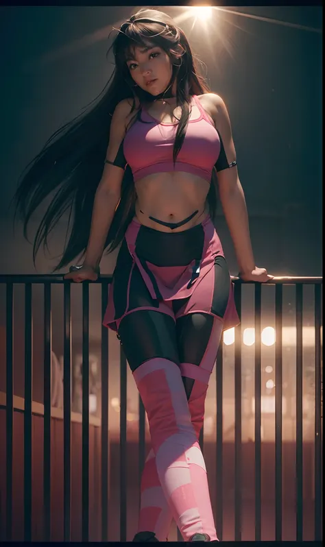 （Mejor calidad）Chica meticulosa de ropa deportiva，Sit on the gym floor，Extender las piernas，Dedos de camello，Wear delicate pink leggings and a sports bra，Protruding lower abdominal muscles，And it adds a cinematic touch to the super movie scenes，teta enorme...